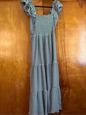 Striped Ruffle Shoulder Midi Dress - Black & White